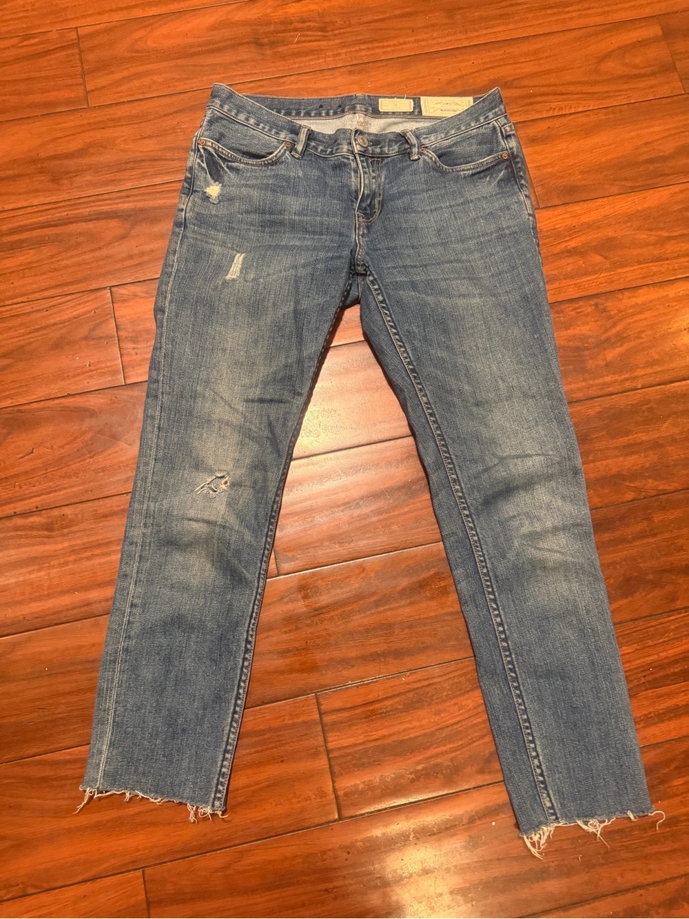 All Saints Women's Skinny Jeans in Distressed Medium Blue with Frayed Hem - Picture 1 of 12